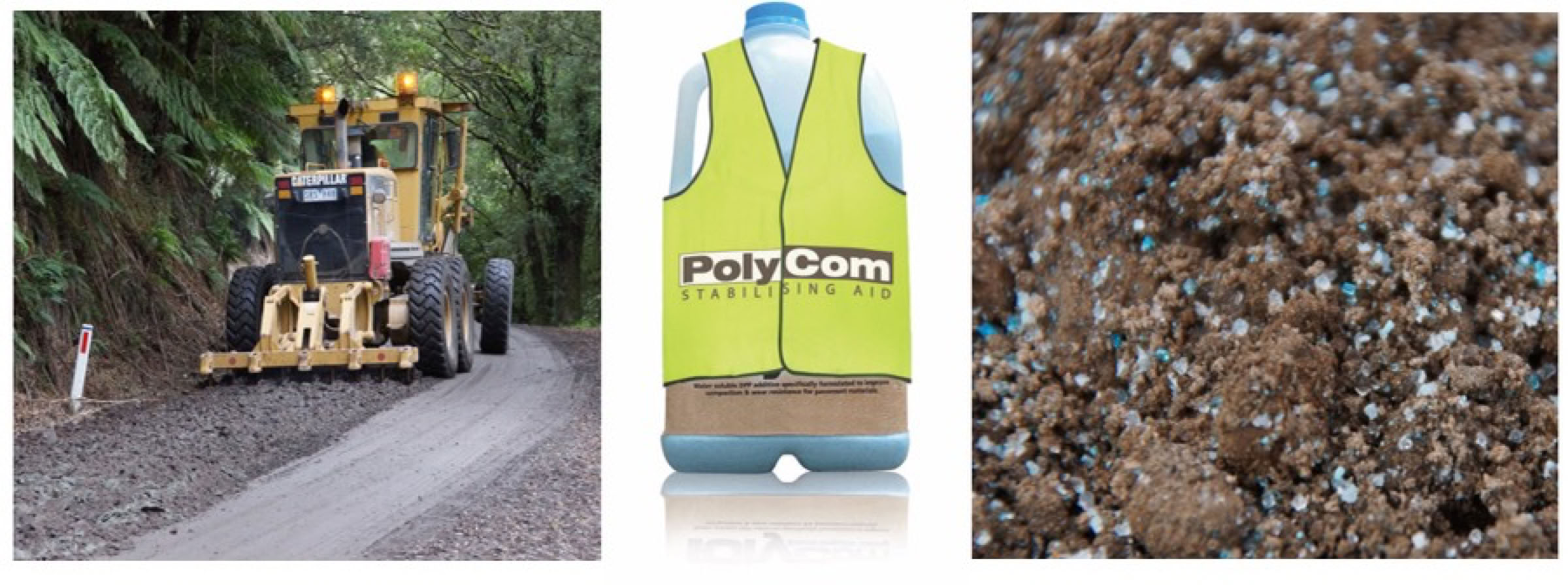 PolyCom Stabilising Aid is spread at .002 Percent and is Environment  Compliant. Australian Made PolyCom Stabilising Aid is Ideal for Stabilised Pavement working in Australian natural materials on site.